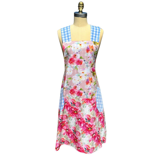 🌸 Bloom Radiance – Handmade Reversible Crossback Apron in Rich Pinks & Gingham