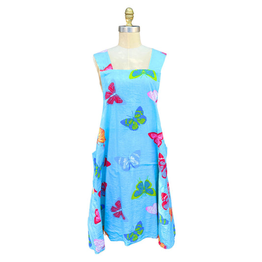 🦋 Butterfly Breeze – Handmade Reversible Crossback Apron in Sky Blue & Lemon Dot