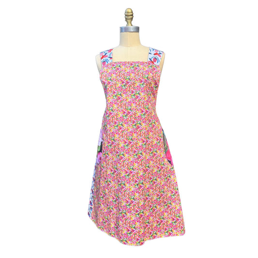 🐦 Cheeky Chirp – Handmade Reversible Crossback Apron with Birdy Blooms & Gingham