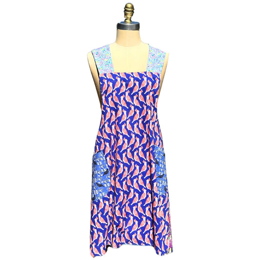 🦜 Cockatoo Paisley Bliss – Handmade Reversible Crossback Apron in Dark Blue with Folk Art Birds and Lupins