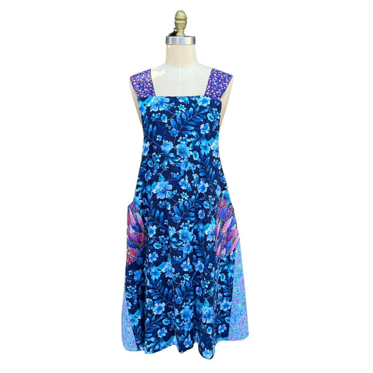 🌿 Blue Bloom – Handmade Reversible Crossback Apron in Deep Florals & Gingham
