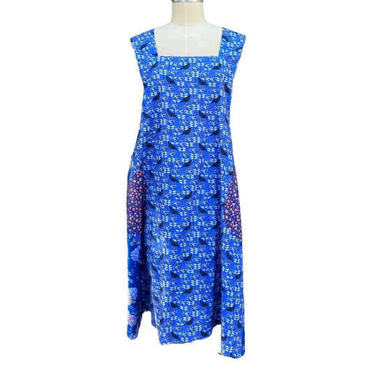 🐦 Birdsong Blues – Handmade Reversible Crossback Apron in Folk Birds, Hydrangeas & Gingham